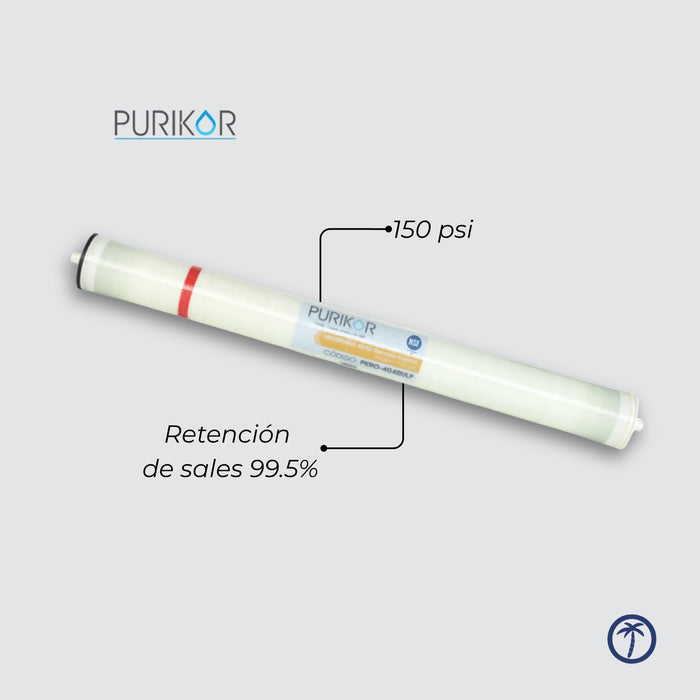 Membrana para sistema de ósmosis inversa PURIKOR 4x40  (2,600 GPD) 150 y 225 psi
