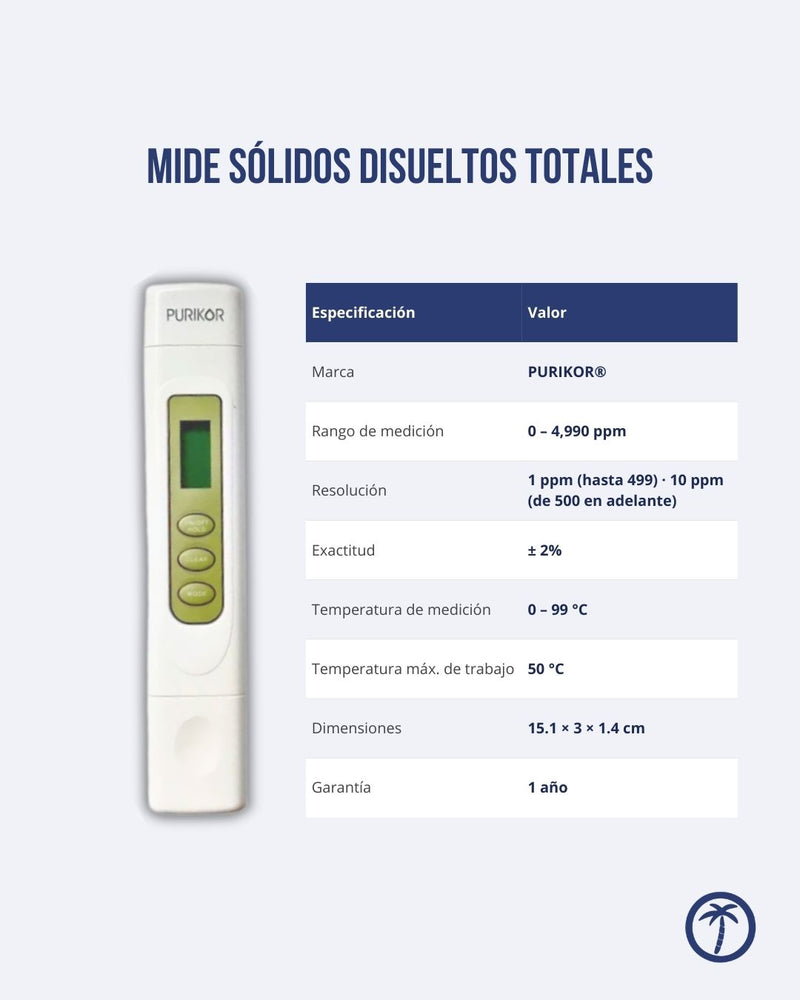 Medidor TDS digital PURIKOR para medir sólidos disueltos en agua purificada