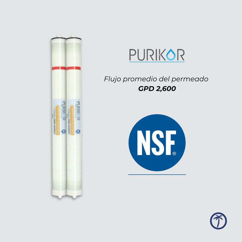 Membrana de ósmosis inversa PURIKOR 4x40  (2,600 GPD) 150 y 225 psi