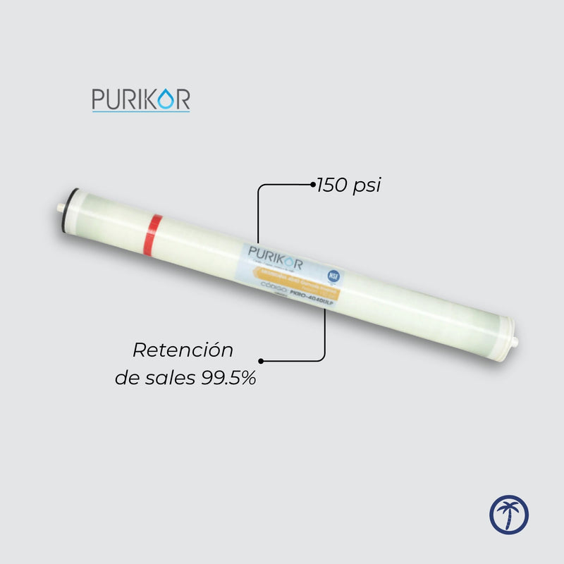Membrana de ósmosis inversa PURIKOR 4x40  (2,600 GPD) 150 y 225 psi