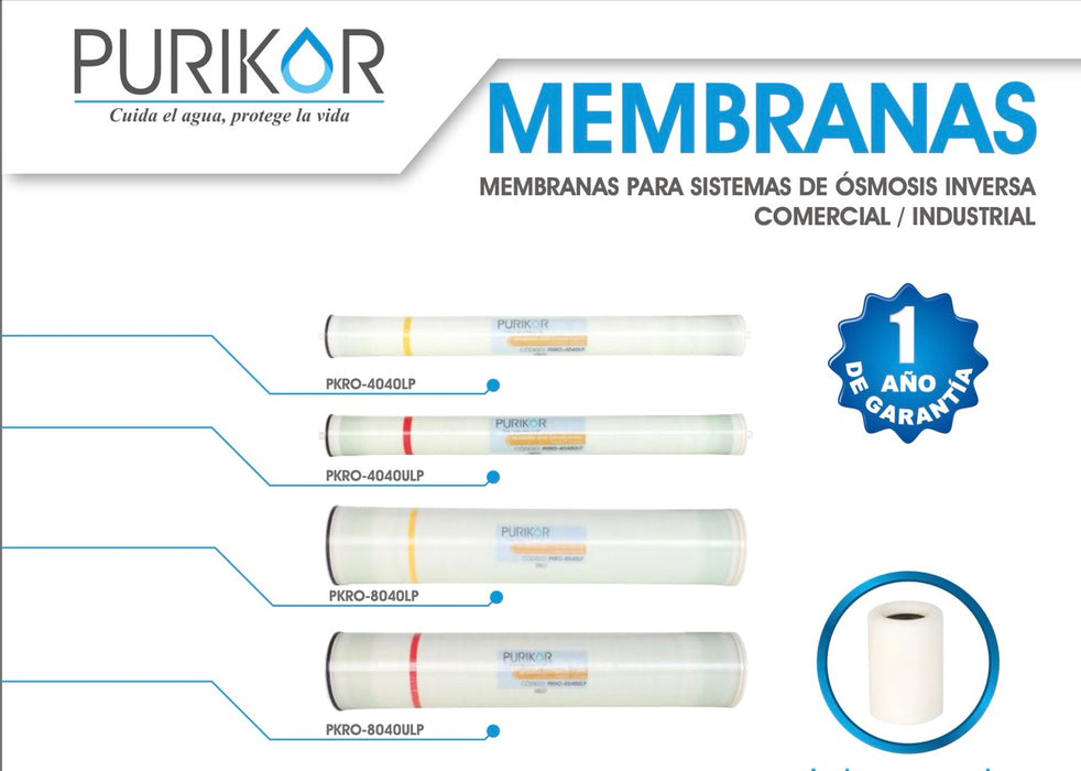 Membrana para sistema de ósmosis inversa PURIKOR 4x40  (2,600 GPD) 150 y 225 psi