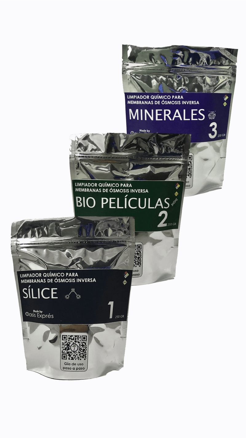 Kit de químicos para lavado de membrana de ósmosis inversa 250g c/u (Sílice, biopelículas y minerales)